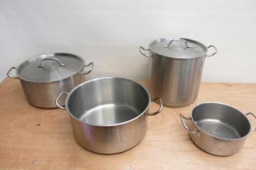 4 x Assorted Sized Vogue Stock Pots with 2 Lids. Size 2 x 36cm, 1 x 30cm & 1 x 24cm.