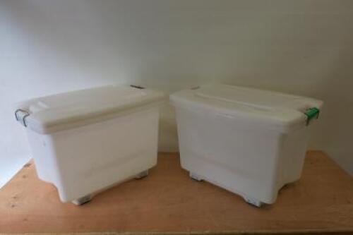 Pair of Mobile & Stackable Araven Food Storage Containers. Size H45cm x W70cm x D45cm. NOTE: crack (As Viewed/Pictured).