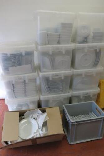 Large Quantity of White Royal Porceline Crockery in Stackable Plastic Containers to Include: Dinner Plates, Side Plates, Bowls, Serving Dishes, Tea/Coffee/Espresso Cups & Sauces with Large Quantity of Melamine Black/White Serving Spoons, Ramekins & White 