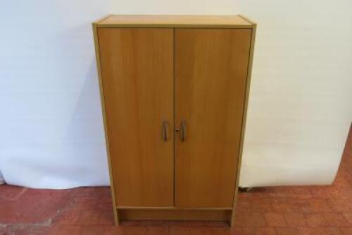 Light Wood 2 Door Adjustable 2 Shelf Cupboard with Grey Handles. Size H139cm x W85cm x D42cm.