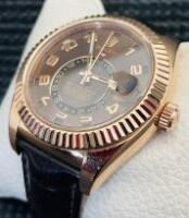 Rolex Rose Gold Sky-Dweller, Oyster Perpetual Mens Wristwatch with Genuine Brown Alligator Strap and Rose Gold Glasp.