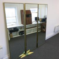 Contemporary Full Length, Gold Metal Framed, Tri Folding, Double Sided, Bevel Edged Mirror. Size H200 x W180 x D5cm. NOTE: small chip to mirror (As Viewed/Pictured). Un-assembled for collection and mirrors are extremely heavy.