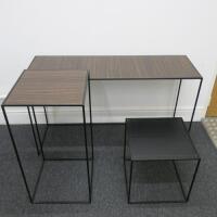 Set of 3 Black Assorted Sized Metal Framed Display Tables with Wooden Insert to Include: 1 x H75 x W129 x D43cm, 1 x H85 x W43 x D43cm & 1 x H45 x W43 x D43cm. NOTE: small table missing wooden insert.