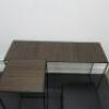 Set of 3 Black Assorted Sized Metal Framed Display Tables with Wooden Insert to Include: 1 x H75 x W129 x D43cm, 1 x H85 x W43 x D43cm & 1 x H45 x W43 x D43cm. NOTE: small table missing wooden insert. - 6