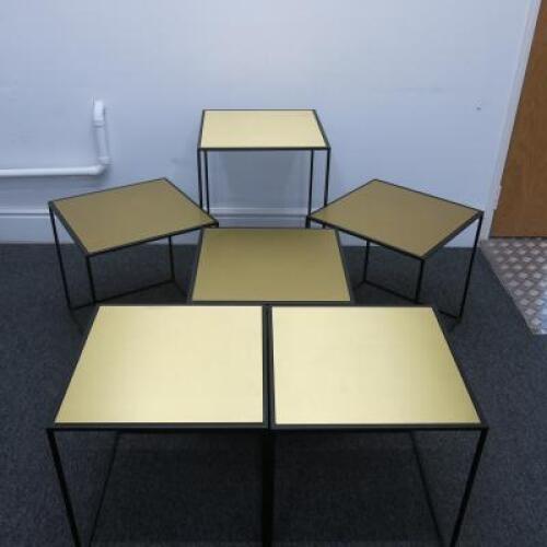 Set of 6 Black Assorted Sized Metal Framed Display Tables with Gold Metal Finish Insert to Include: 1 x H65cm x W43cm x D43cm & 5 x H45cm x W43cm x D43cm.