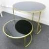 Nest of 2 Gold Metal Framed Side Tables with Black Glass Insert to Include: 1 x H75cm x Dia 90cm & 1 x H40cm & Dia 70cm. - 2