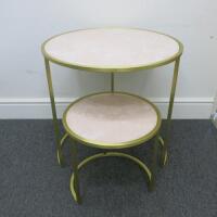 Nest of 2 Gold Metal Framed Side Tables with Marble Effect Insert to Include: 1 x H70cm x Dia 70cm & 1 x H45cm & Dia 45cm.