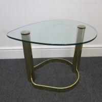 Glass Tear Drop Top Shaped Side Table on Gold Coloured Base. Size H54cm x W76cm.