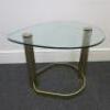 Glass Tear Drop Top Shaped Side Table on Gold Coloured Base. Size H54cm x W76cm.