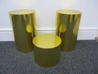 3 x Assorted Sized Gold Wrapped Ply Display Plinths to Include: 2 x H40cm x Dia 25cm & 1 x 20cm x 25cm.