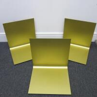 3 x Gold Coloured Metal Folded Shelf Display. Size H45cm x W45cm x D40cm.