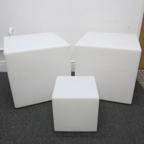 3 x Assorted Sized LED Cube Light. Size 2 x 60cm Cubed & 1 x 35cm Cubed. NOTE: requires power supply.