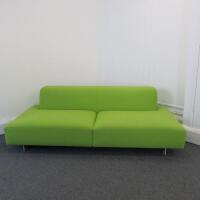 Lime Green Upholstered 2 Seater Settee on Metal Framed Legs with 2 Green Cushions. Size H64cm x W220cm x D100cm