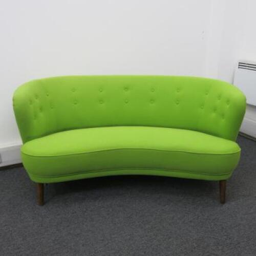 Lime Green Upholstered Button Backed Curved 2 Seater Chair. Size H71cm x W144cm x D80cm.