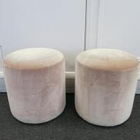 Pair of Ply Wood Pink Crushed Velour Upholstered Pouffee, Size H43cm x Dia 42cm.