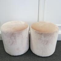 Pair of Ply Wood Pink Crushed Velour Upholstered Pouffee, Size H43cm x Dia 42cm.