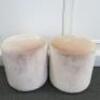 Pair of Ply Wood Pink Crushed Velour Upholstered Pouffee, Size H43cm x Dia 42cm.