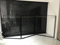 Black Tri Folding, Commercial Shop Display Iron Clothes Rail with Gold Coloured Hanging Bar. Size H160 x W130 x D9cm. Approx Overall Length 3.9m. NOTE: Un-assembled for collection and clothes rails are extremely heavy.