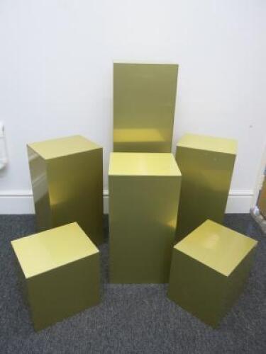 6 x Assorted Sized Gold Di-Bond Butler Finish Display Plinths to Include: 1 x H100cm x W30cm x D25cm, 3 x H60cm x W30cm x D25cm & 2 x H30cm x W30cm x D25cm.