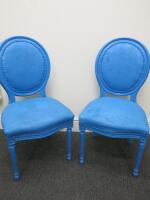 Pair of Blue Painted Oval Stud Backed Wood Framed Chairs.