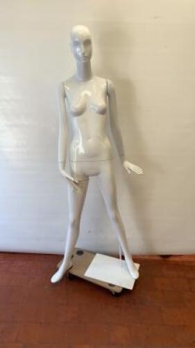 Schlappi Female Full Bodied Abstract Forward Facing White Gloss Mannequin with Shoulder & Hand Joints. Comes with Heavy Metal Base.