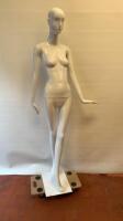 Schlappi Female Full Bodied Abstract Forward Facing White Gloss Mannequin with Shoulder & Hand Joints. Comes with Heavy Metal Base.