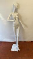 Schlappi Female Full Bodied Abstract Sideward Facing White Gloss Mannequin with Shoulder & Hand Joints. Comes with Heavy Metal Base.