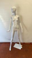 Schlappi Female Full Bodied Abstract Sideward Facing White Gloss Mannequin with Shoulder & Hand Joints. Comes with Heavy Metal Base.