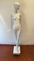Schlappi Female Full Bodied Abstract Sideward Facing White Gloss Mannequin with Shoulder & Hand Joints. Comes with Heavy Metal Base.