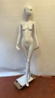 Schlappi Female Full Bodied Abstract Sideward Facing White Gloss Mannequin with Shoulder & Hand Joints. Comes with Heavy Metal Base.