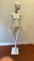 Schlappi Female Full Bodied Abstract Sideward Facing White Gloss Mannequin with Shoulder & Hand Joints. Comes with Heavy Metal Base.