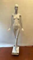 Schlappi Female Full Bodied Abstract Forward Facing White Gloss Mannequin with Shoulder & Hand Joints. Comes with Heavy Metal Base.