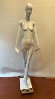 Schlappi Female Full Bodied Abstract Forward Facing White Gloss Mannequin with Shoulder & Hand Joints. Comes with Heavy Metal Base.