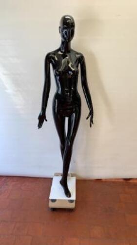 Schlappi Female Full Bodied Abstract Forward Facing Black Gloss Mannequin with Shoulder & Hand Joints. Comes with Heavy Metal Base.