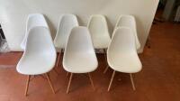 7 x DSW Style White Dining Chair with Natural Leg Finish. NOTE: 2 frames on chairs require attention. 