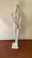 Schlappi Female Full Bodied Abstract Sideward Facing White Gloss Mannequin with Shoulder & Hand Joints. Comes with Heavy Metal Base.