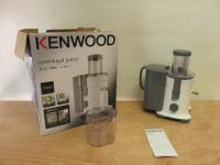 Boxed/New Kenwood 700w Centrifugal Continuous Juicer, Model JE720. NOTE: missing filter brush & box in poor condition.