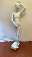 Schlappi Female Full Bodied Abstract Sideward Facing White Gloss Mannequin with Shoulder & Hand Joints. Comes with Heavy Metal Base.