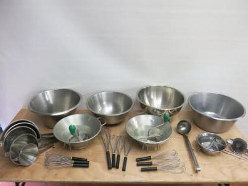 29 x Items of Commercial Catering Equipment to Include: 4 x Large Stainless Steel Mixing Bowls, 2 x LT (France) Sieves, 1 x Small Sieve, 9 x Assorted Sized Metal Conical Sieves 3 x Large Ladles & 10 Whisks.