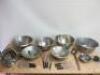 29 x Items of Commercial Catering Equipment to Include: 4 x Large Stainless Steel Mixing Bowls, 2 x LT (France) Sieves, 1 x Small Sieve, 9 x Assorted Sized Metal Conical Sieves 3 x Large Ladles & 10 Whisks.