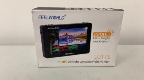 Boxed/New Feelworld 7" Ultra Bright Daylight 4k/3D Touch Screen Viewable Field Monitor, Model LUT7S. Comes with 7" Monitor, 1 x HDMI Cable, 1 x Mount & 2 x F970 Battery Plate. 