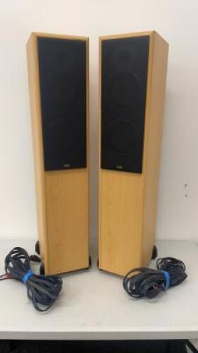 Pair of TDL Floor Standing Loud Speakers, Model Nucleus KV6. Comes with Quantity of Speaker Wire. Size H100cm x W20cm x D27cm. NOTE: slight damage to casing as viewed/pictured.