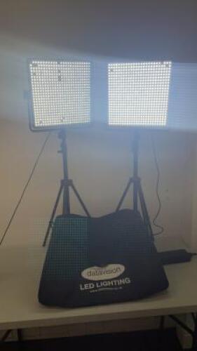 Pair of Datavision LED Location/Studio Light, Model DV -LED600HS. Comes with 2 Neewer Height Adjustable Tripods & 1 Power Supplies & Carry Case. NOTE: requires 1 x Power Supply.