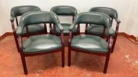 5 x Green Faux Leather Captains Chairs with Upholstered & Studded Seats & Arms. Size H78cm. NOTE: requires repairs and tightening to frame (As Viewed).