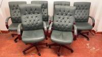 6 x Green Faux Leather High Button Back Button Office Swivel Chairs. NOTE: requires repairs and tightening to frame as viewed.