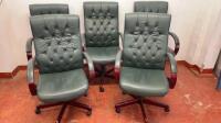 5 x Green Faux Leather High Button Back Button Office Swivel Chairs. NOTE: requires repairs and tightening to frame as viewed.