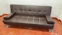 Brown Faux Leather Day Bed with Chrome Feet. Size H77cm x W180cm x D85cm. NOTE: worn condition (As Viewed/Pictured).