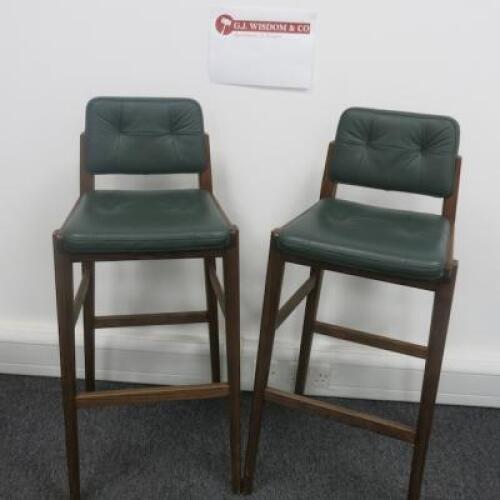 Pair of Neri & Hu Designed Capo High Bar Stools, Manufactured In Portugal by De-La-Espada. Black Stained Walnut Frame and Upholstered in Green Leather with Green Leather Back. Size H115cm. RRP £3610.00