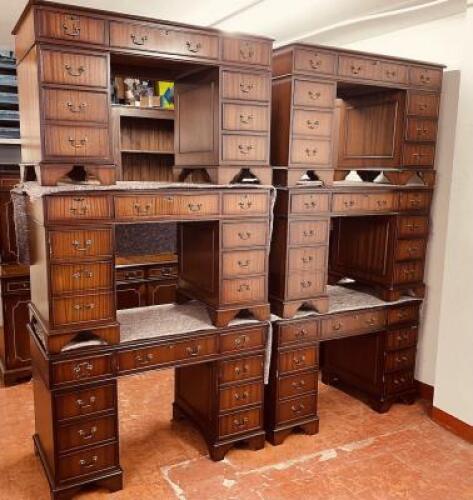 Dark Wood Twin Pedestal Desk with 8 Drawers and Dark Green Leather & Gold Detail Inlay Top. H77cm x W121cm x D60cm. Comes with Key.