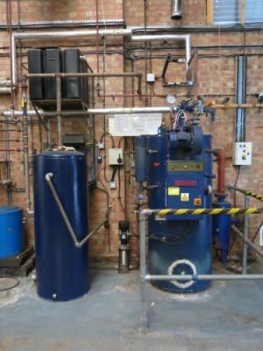 Fulton Fuel Fired Steam Boiler, Model 15 E, Boiler Number B10214, DOM 1998, Refurbished 2015, Gas Serviced 08/20. Comes with Large Receiver Tank, Fulton Blow Down Vessel, Type BDV2, S/n 3557, Grundfos Pump, Type CR13-13 A-CA-I-V-HQQV, Model A96516754P2111